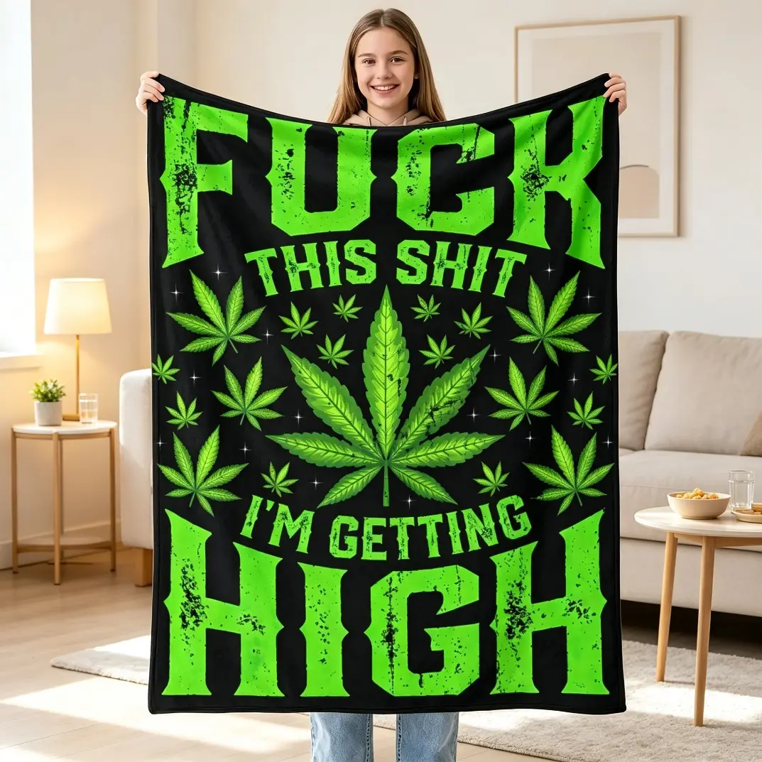 Fuck This Shit I'm Getting High Graphic Flannel Blanket, Funny 420 Stoner Style Plush Throw Blanket Gift for Adults & Teens, Super Soft Warm Fleece Blanket for Sofa Couch Bed Camping Travel, Cozy Home Decor Blanket All Seasons