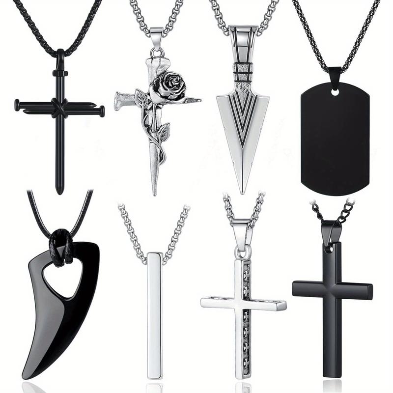 8 Pcs Necklace for Men, Mens Necklaces Jewelry Set, Black and Silver Stainless Steel Necklace, Cross Pendant Necklace, 16-24 Inches Chain