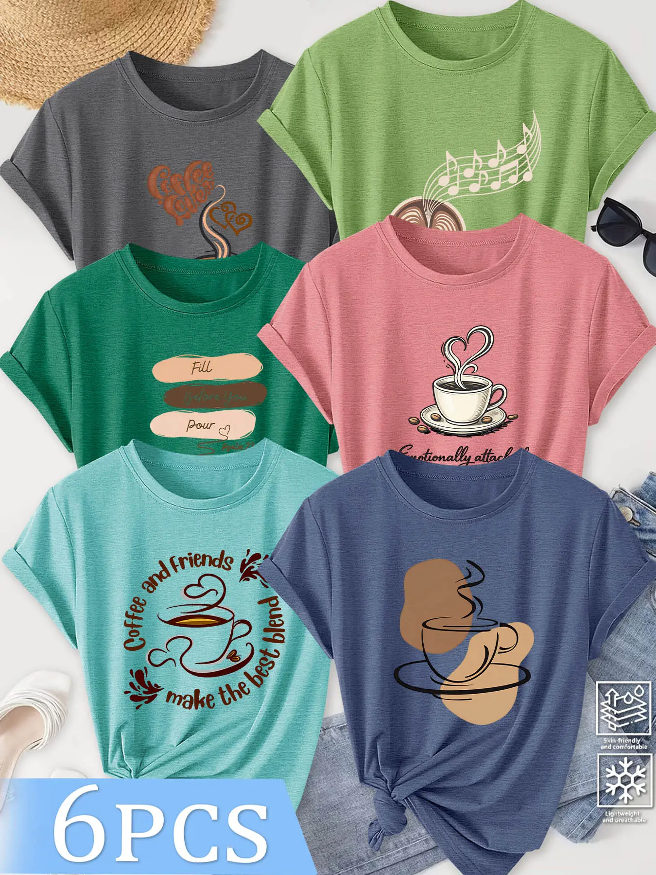 6Pcs Women Crew Neck T-Shirt, Coffee Cup Casual Literary Daily Print, Multi-color Available, Machine Washable, Soft Skin-friendly Spring Summer Daily Stylish Top