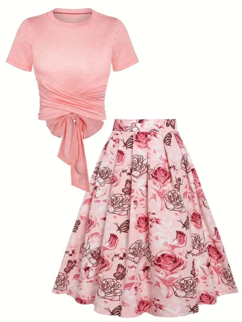 Women's Plain Top & Floral Print High Waist Skirt Two-piece Set, Casual Fashion Cozy Top & Skirt for Daily Outdoor Wear, Ladies Outfits for Summer