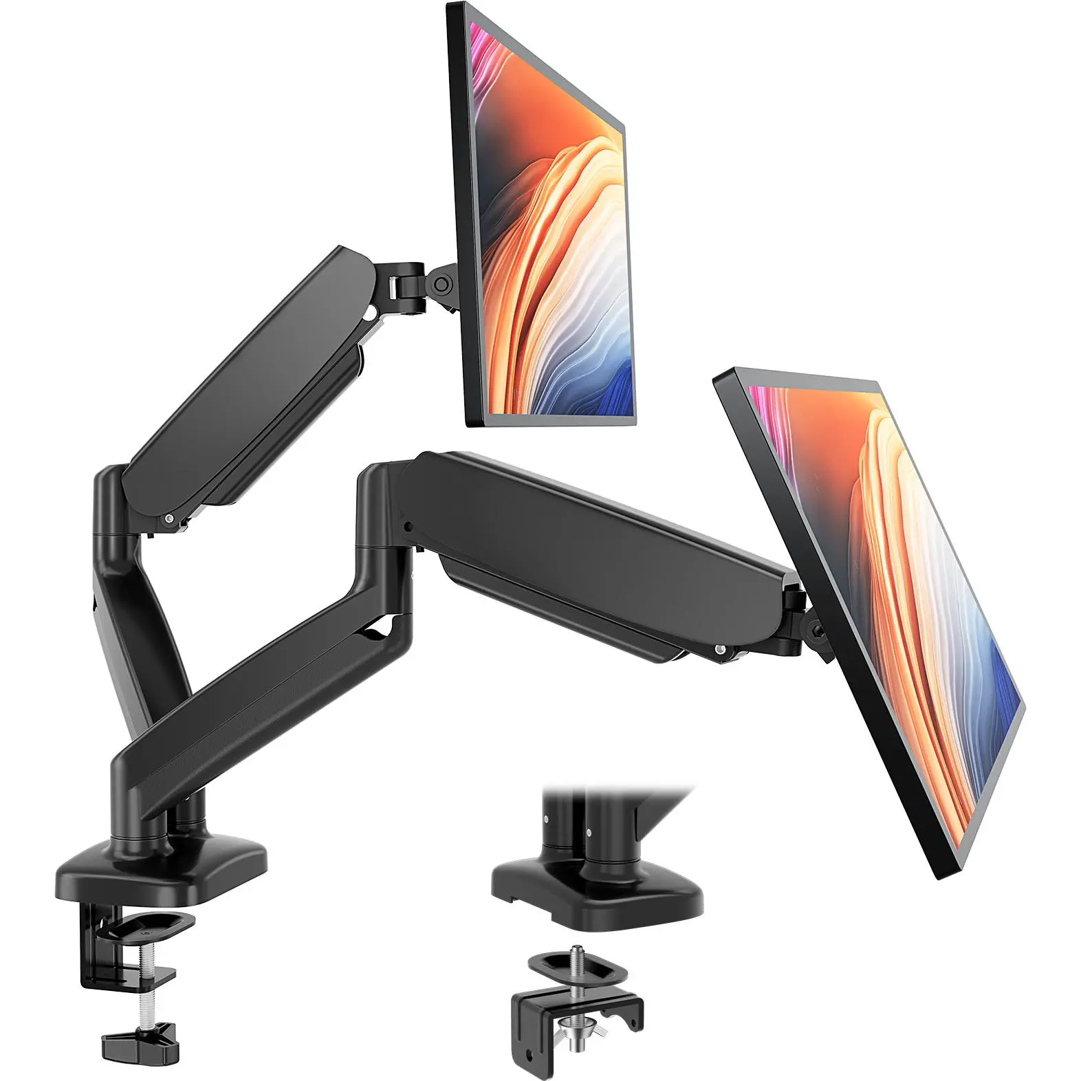 Dual Monitor Stand, Gas Spring Dual Monitor Arm Mount for 13" to 32" Screens up to 17.6 lbs Each, Full Motion Adjustable Desk Mount with 360 °   Rotation, Tilt and Swivel, VESA 75x75/100x100mm, Clamp and Grommet Base