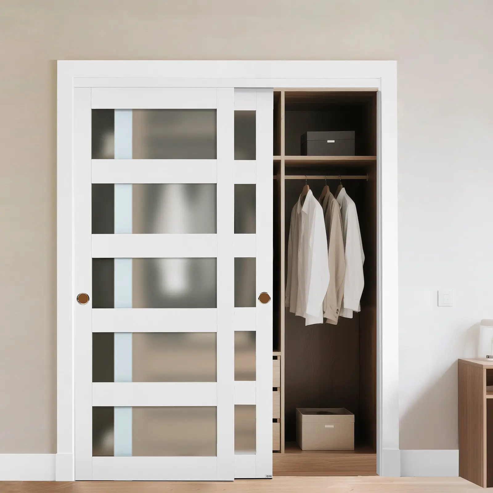 VEVOR Rectangular Glass Sliding Closet Door, 60"(Double 31")x80" 5-Lite Frosted Bypass Door with Hardware Kit, Floor Guide, Recessed Handle, Sliding Silent Wood & PVC Water-Proof Solid MDF Slab for Closets, Doors