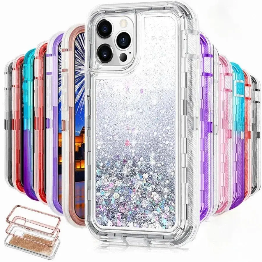 3-in-1 Liquid Flash Glitter Phone Case - Heavy Duty Shockproof Anti-scratch Quicksand Shell Casing for iPhone 16,15,14,13,12,11 Pro Max,XS,XR,8 Plus - Mobile Phone Protection Accessories, Smartphone, Handheld