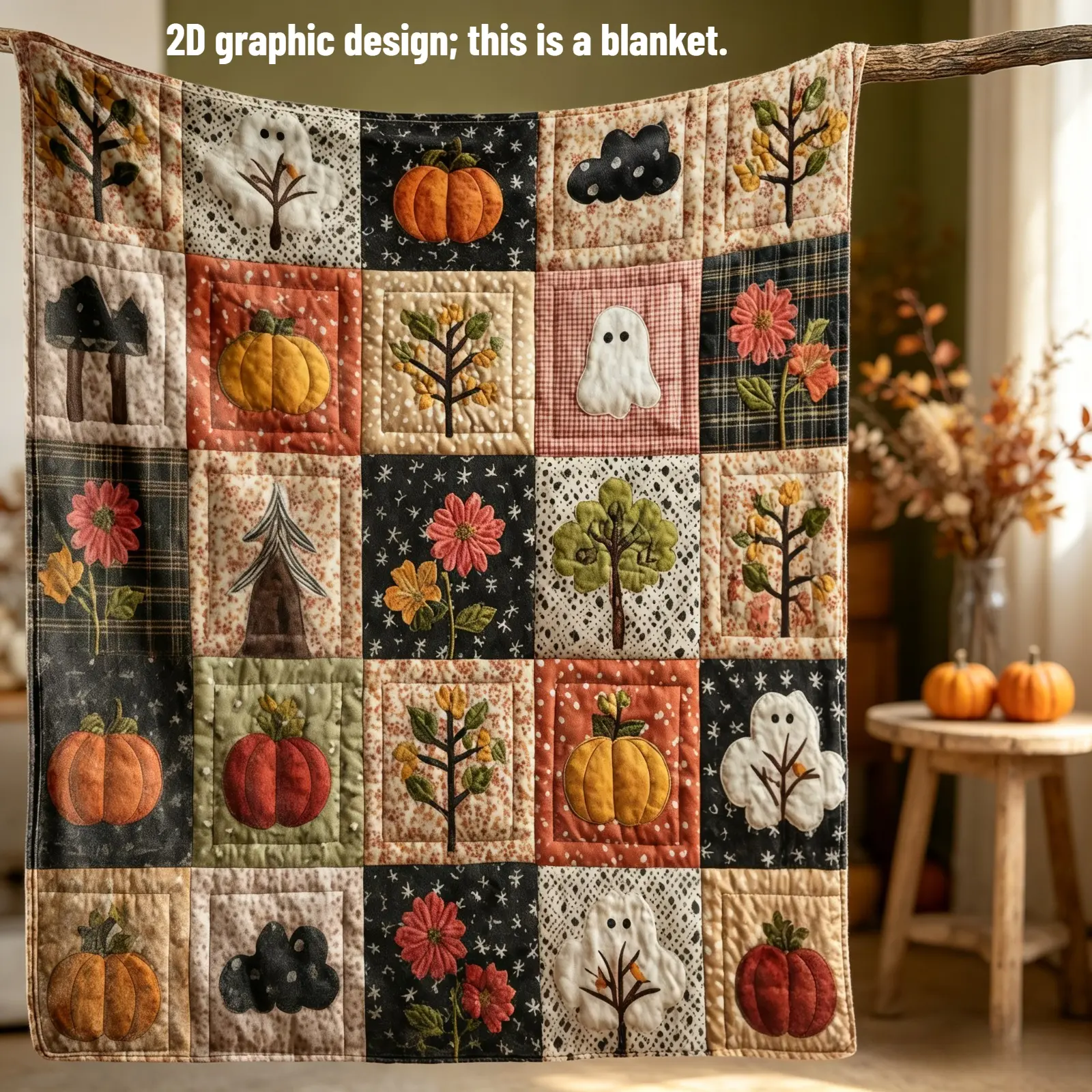 Ghost Pumpkin Floral Tree Flannel Blanket, Cottagecore Halloween Patchwork Throw Blanket, Soft Cozy AC Blanket for Kids & Adults, Autumn Harvest Mushroom Print Fleece Blanket for Sofa Bed Bedroom Decor, Holiday Gift