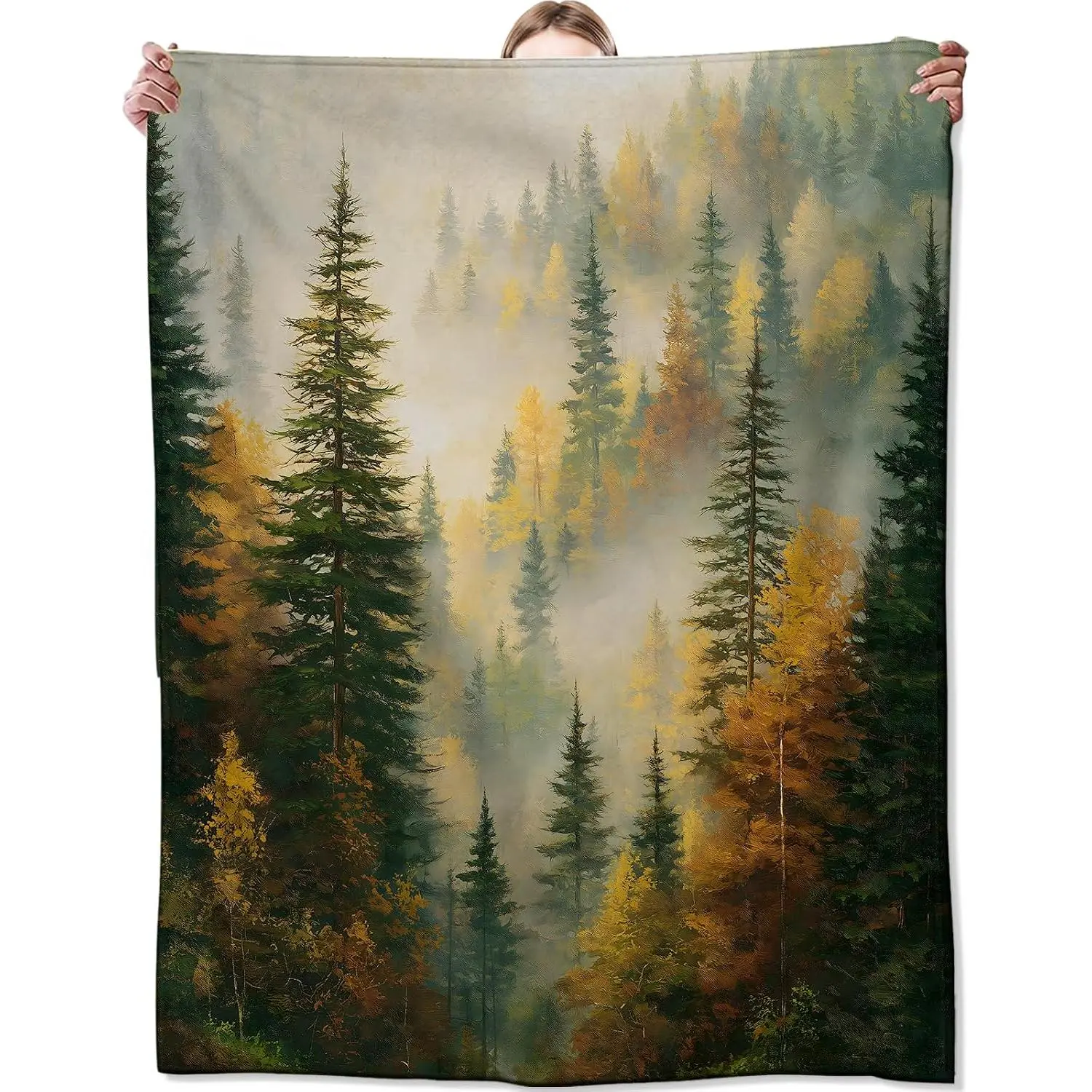 Misty Autumn Forest Blanket, Fall Tree Blankts, Gifts for Women and Nature Lovers, Home Dorm Cabin Pet Area Picnic and Travel Decor, Soft Cozy Lightweight Flannel Throw