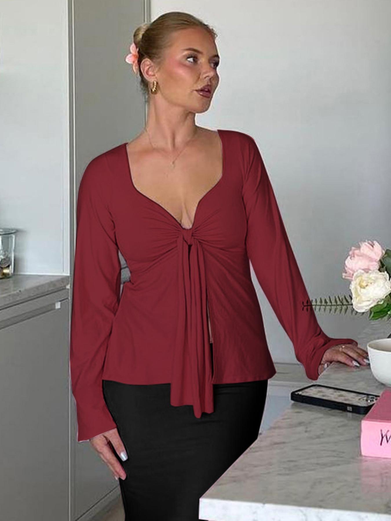 Women's Solid Knot Front Split Hem Tee, Casual Long Sleeve Sweetheart Neck T-Shirt for Fall, Women's Clothing for Daily Wear