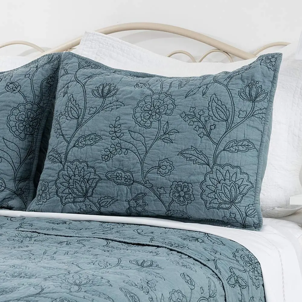 King Sham Night Blossom Embroidery Pillowcase, Synthetic Breathable Durable Luxury Floral Pillow Cover, 20in x 36in Park Blue, 1 Count, Cold Wash Compatible, Machine Wash