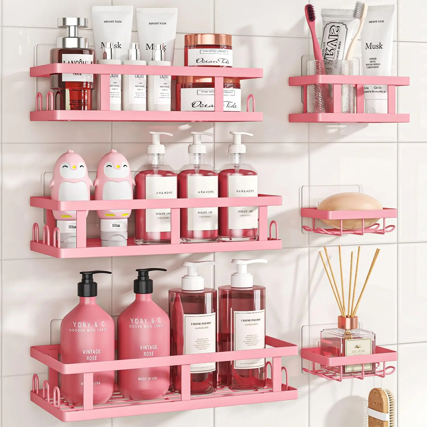 6 Pack Shower Caddy, Adhesive Shower Shelves with Soap Holder, No Drilling Rustproof Large Capacity pink bathroom decor accessories, Pink