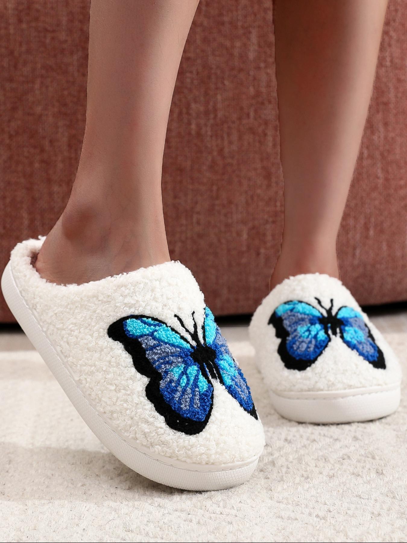 Women's Butterfly Print Plush Slide Slippers, Butterfly Decorated Slides, Butterfly Pattern, Soft Comfy Home Slippers for Summer, Fluffy Bedroom Slippers for Indoor and Outdoor, Footwear