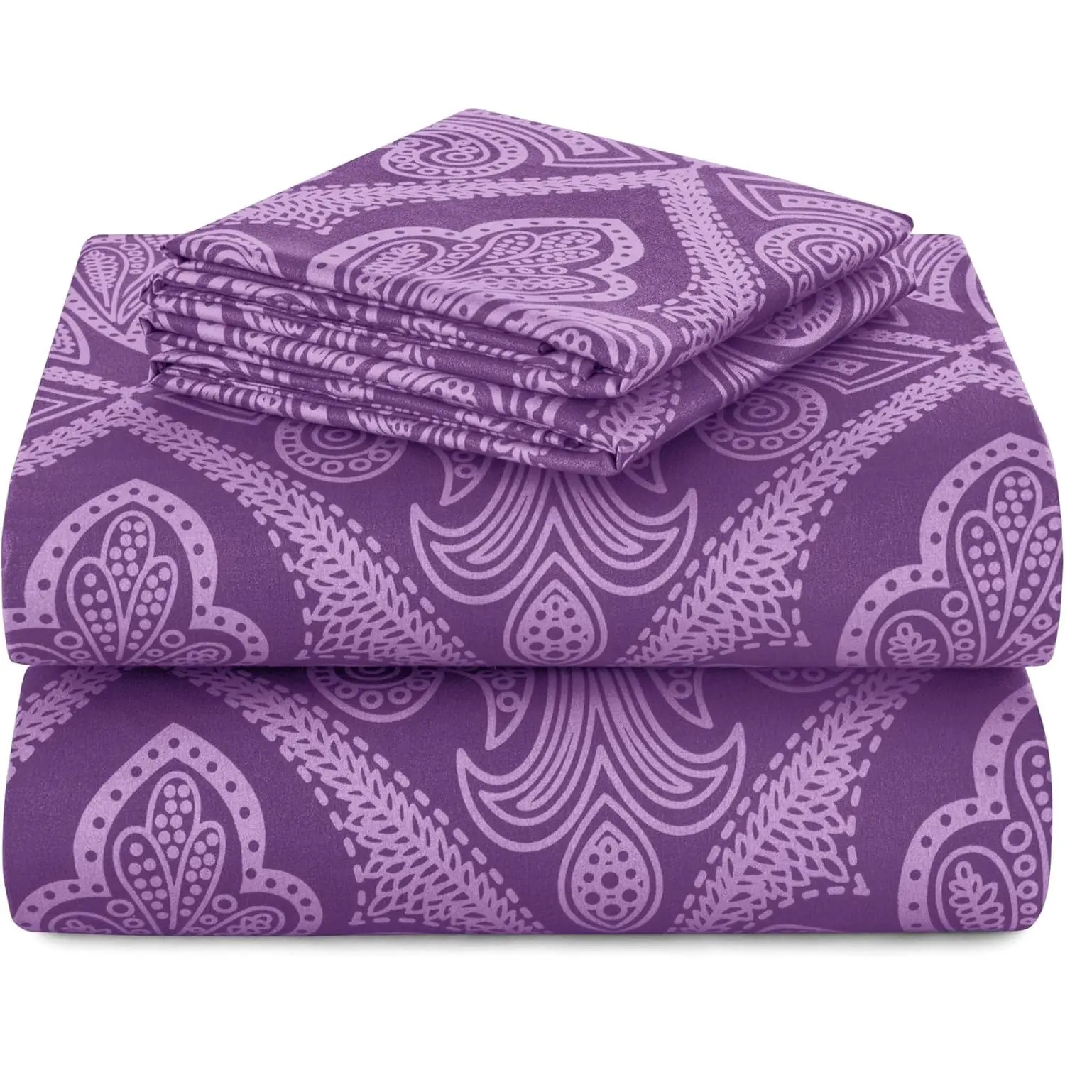 Paisley Queen Sheet Set, 4 PC Soft Microfiber Wrinkle Free Sheets - Luxurious Printed Bed Sheets Includes Flat Sheet, Fitted Sheet with Deep Pockets, & 2 Pillowcases - Purple