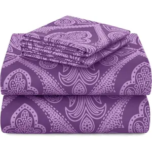 Paisley Queen Sheet Set, 4 PC Soft Microfiber Wrinkle Free Sheets - Luxurious Printed Bed Sheets Includes Flat Sheet, Fitted Sheet with Deep Pockets, & 2 Pillowcases - Purple