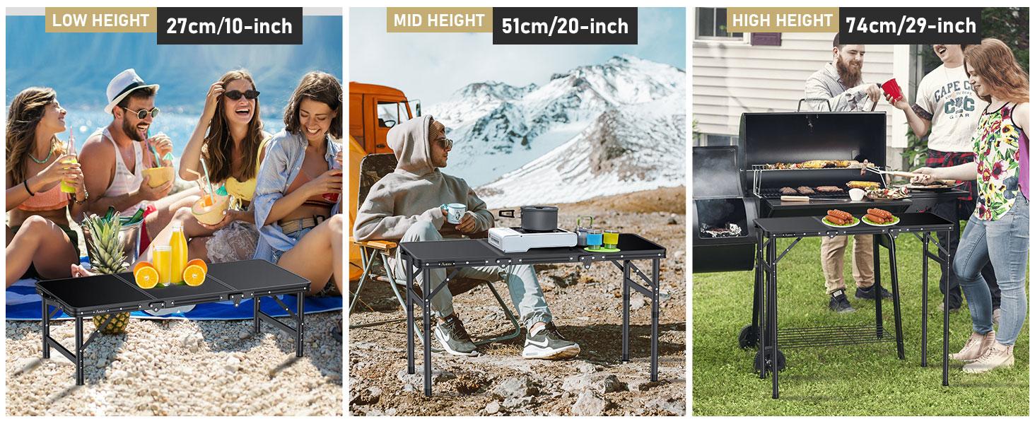 Anbte 3ft Tri-fold Camping Table Max 29.5", 3 Adjustable Heights Aluminum Folding Camping Table with Storage Bag, Lightweight, Portable Handle for Travel Outdoor Beach Picnic, 35" x 16", Black