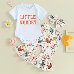 Infant Baby Girl Farm Outfit Little Nugget Bodysuit Chicken Floral Flare Pants Headband Newborn Coming Home Outfit 0-18M
