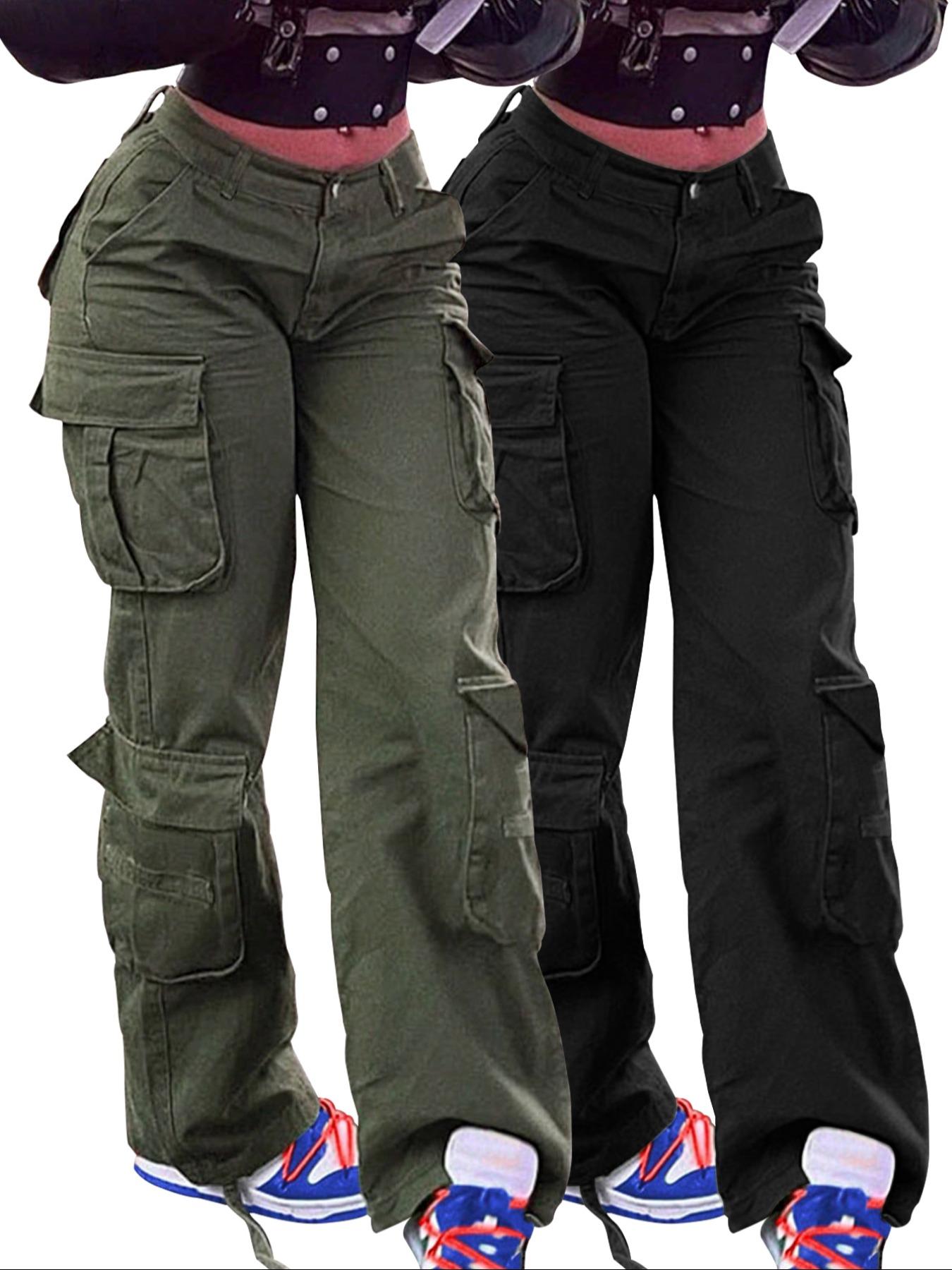 Women's Plain High-Waisted Cargo Pants with Pockets and Drawstring, Fashion Y2K K-Pop Style Streetwear Trousers for Daily Wear, Ladies' Baggy Pants for Fall & Winter