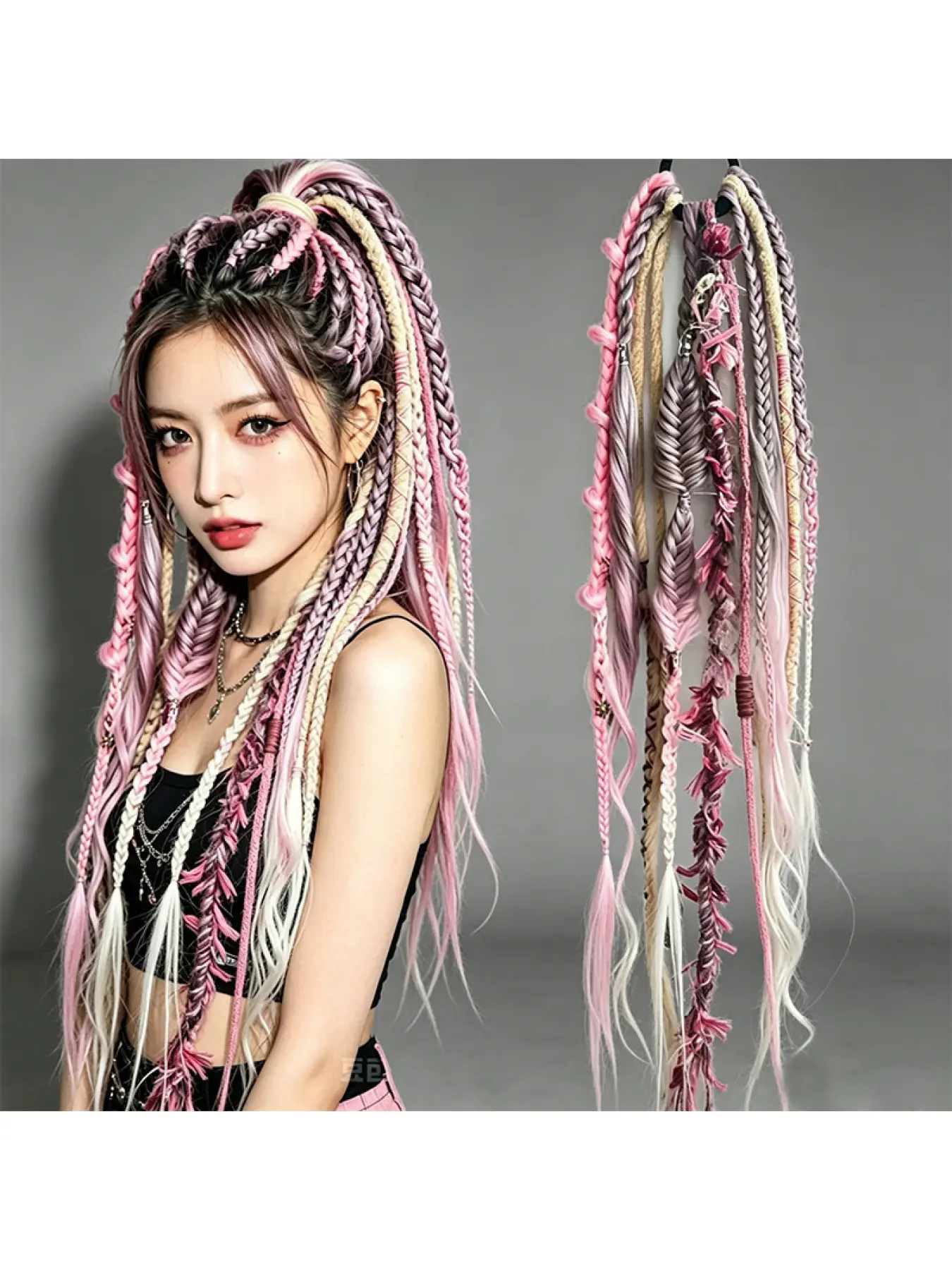 Bohemian Ethnic Braided Wig Boho Braids with Colorful Boxer Braids Rasta Festival Hairpiece Handmade Ponytail for Music Concerts and Street Style Fashion
