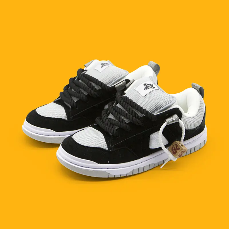 Black Gray Suede Mesh Patchwork Skate Sneakers Unisex Chunky Rope Laces Two-Tone Block Platform Low Top Hype Street Casual Board Shoes for Men Women Teens