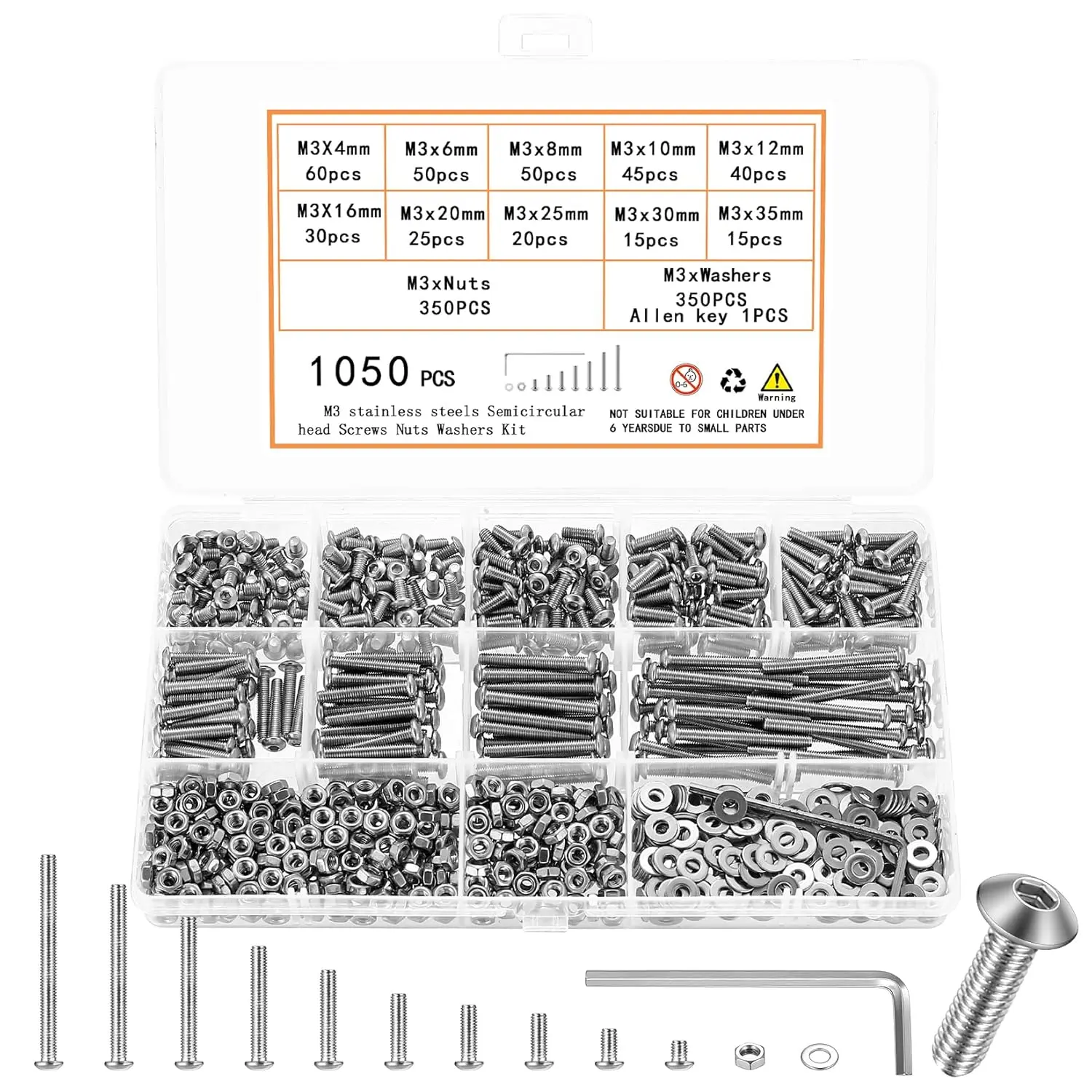 1050 count M3 Screws Kit, M3 Machine Screws and Nuts and Washers Set,  Button  Socket Cap Screws Nuts and   Kit, Stainless Steel Metric Screw , Fully Threaded