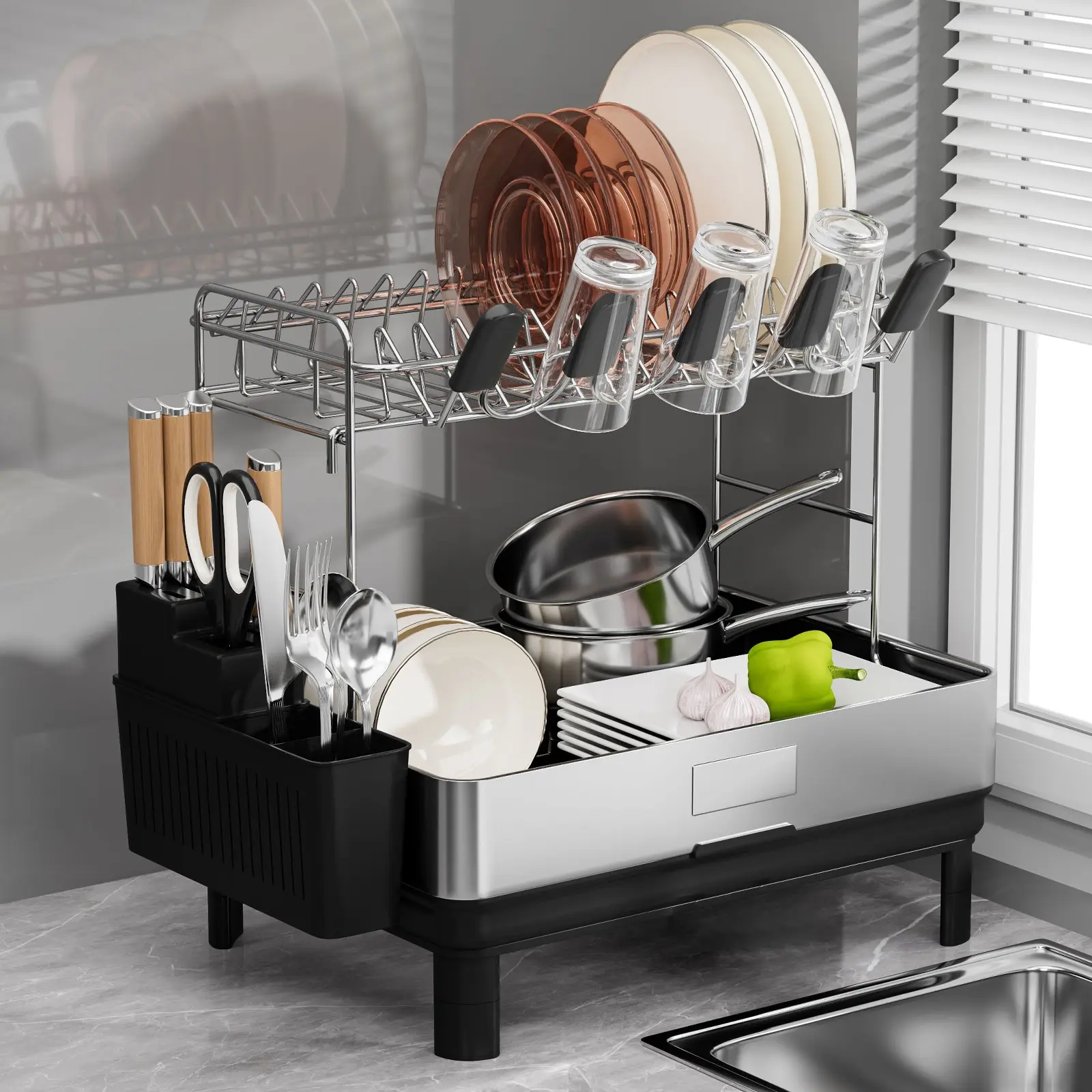 1 pc, stainless steel dish rack,Quick-Dry Dish Rack,Comes with a drip tray and drain pipe,Large-capacity, space-saving dish rack,Kitchen countertop storage basket,Cutlery holders, cup holders, pot racks,Suitable for kitchens and dining rooms; sturdy; kitc