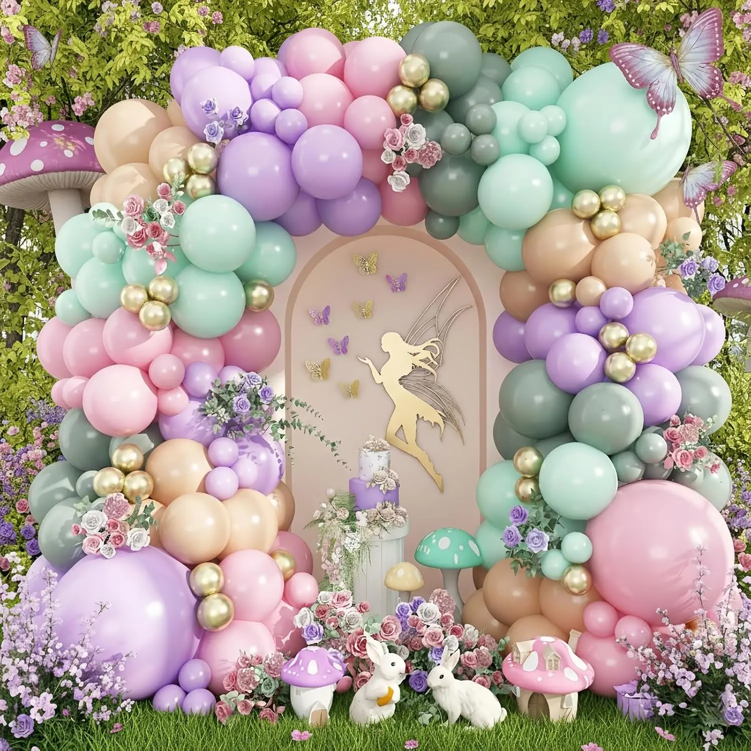 Thick Metallic Fairy Balloon Arch Garland Kit (125-Count) - Knot Tool, Floral Tape, Butterfly Accents Included - Feminine Modern Balloon Decor for Girl’s 1st Birthday Wonderland, Floral Bridal Shower Events