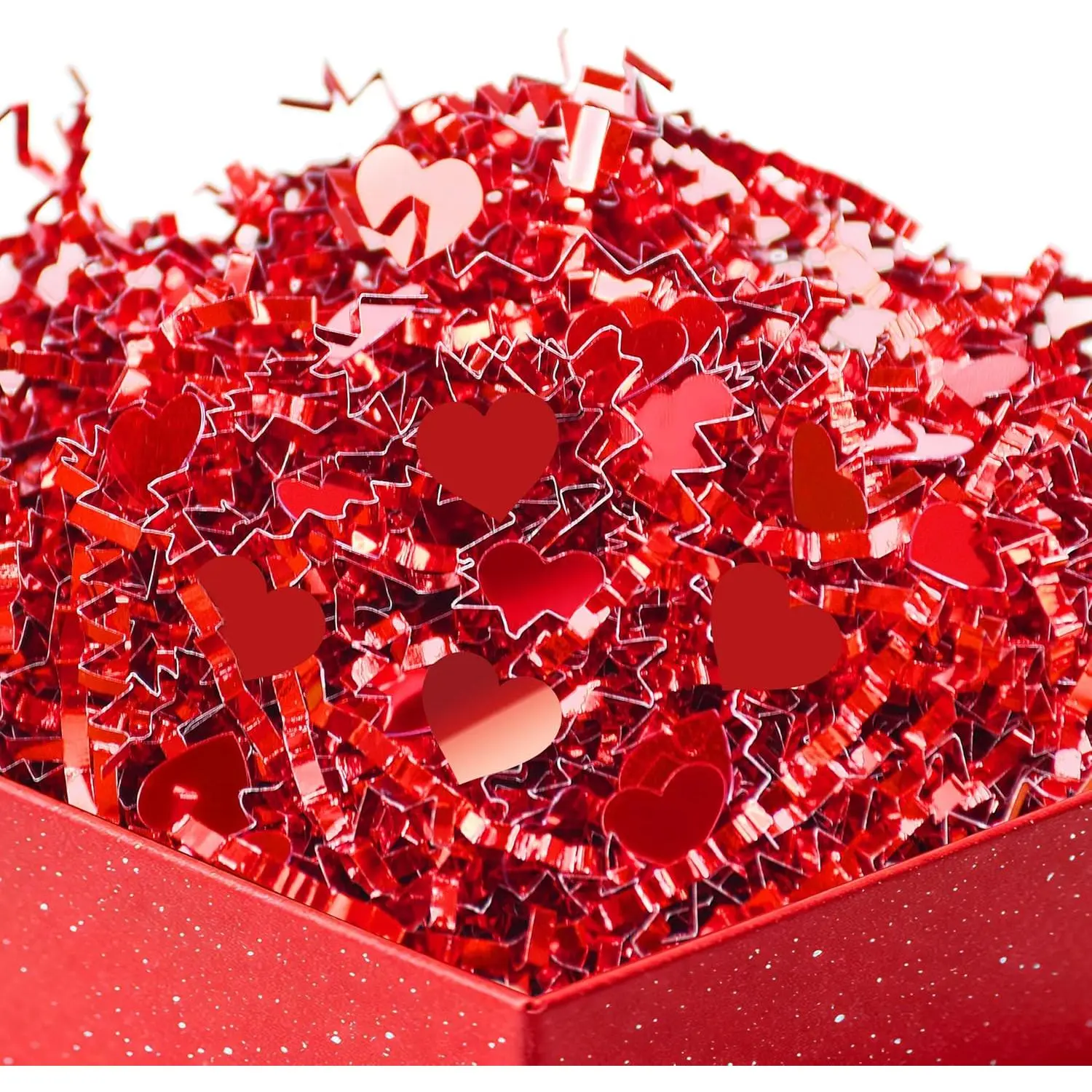 Valentine's Day Crinkle Cut Paper, 115g/4.1oz Metallic Red Raffia Cut Paper Shred, Heart Confetti for  Wrapping Filler Craft Tissue Paper Valentines Day Party Decorations