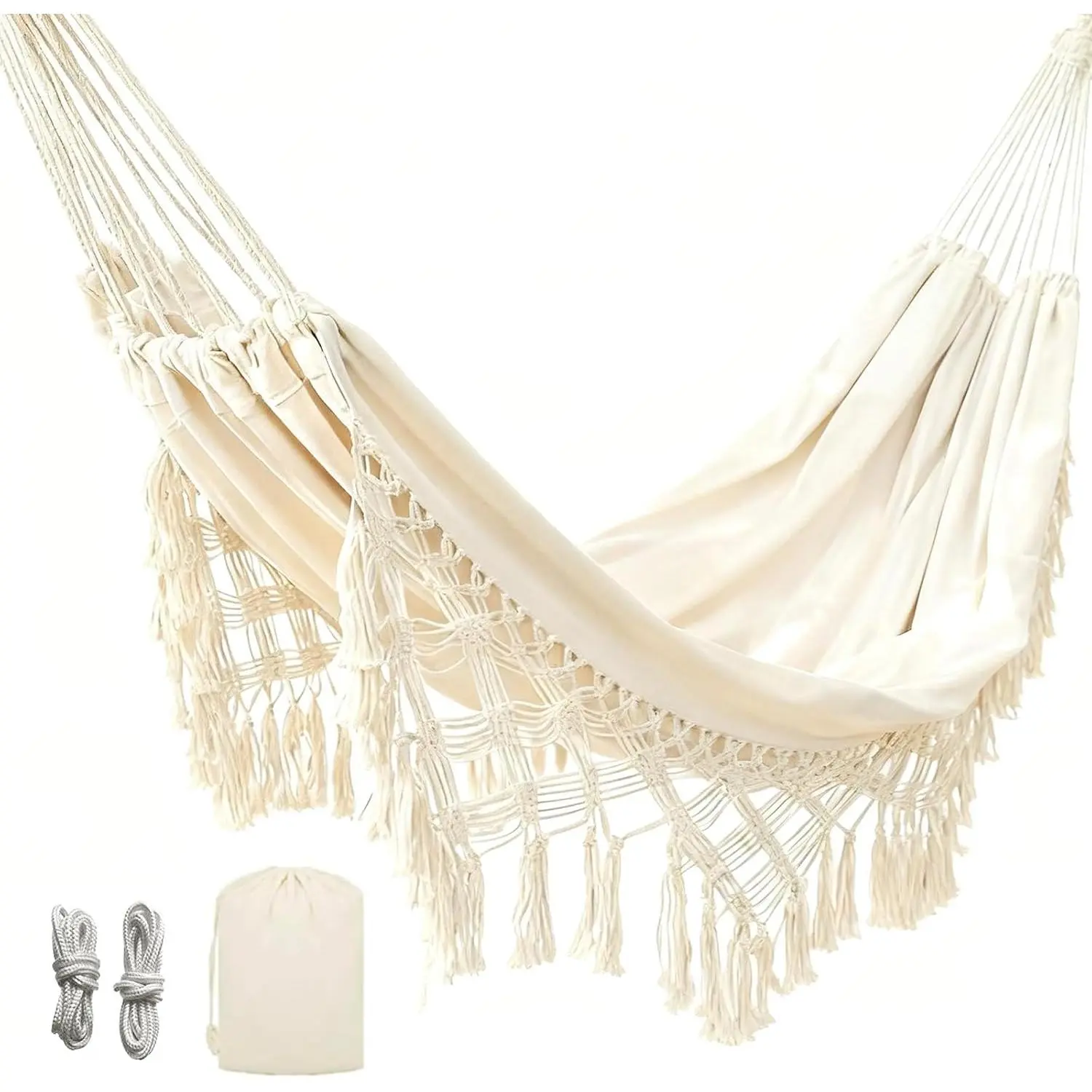 Double Hammock, Macrame Boho  Hammock with  Ropes, Portable for Camping Patio Backyard Indoor Outdoor,485LBS Capacity (Beige)