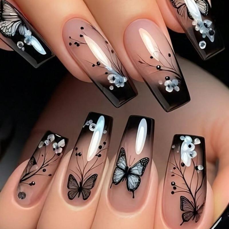 Butterfly & Flower Pattern Fake Nails, 24pcs Removable False Nails for Women Girls Nail Art Design, Effortless Press on Nails Manicure Set Butterfly & Flower Pattern Fake Nails, 24pcs Removable False Nails for Women Girls Nail Art Design, Effortless Press on Nails Manicure Set