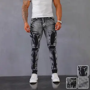 Vintage Acid Wash Irregular Tie Dye Marble Print Slim Fit Denim Jeans With Pockets For Men Teens Young Adults Summer Daily Wear Night Out Parties Streetwear Concerts High Stretch Comfortable Men's Pants