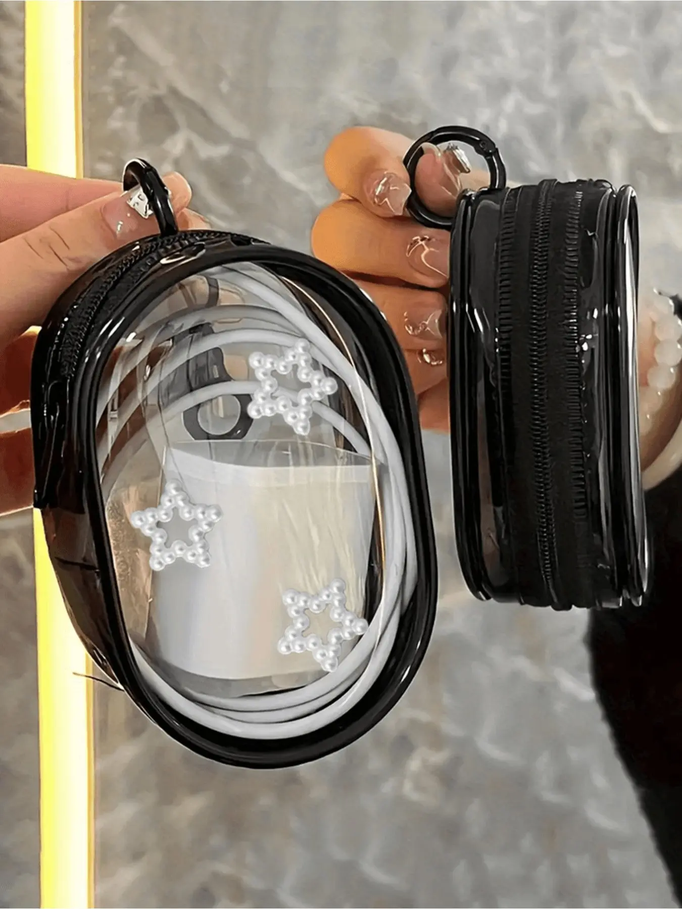 Portable Mini Transparent Zipper Pouch, Coin Bag, Small Multi-Functional Storage Bag, Star Pattern, Keychain, Travel Accessory, Data Cable Holder