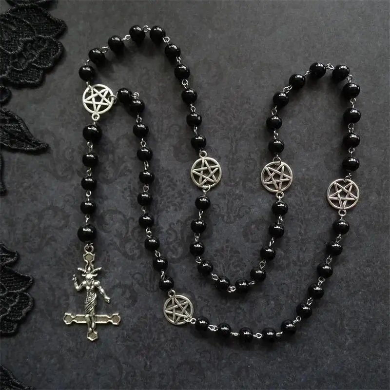 PERSONALIZABLE Black Rosary with Inverted Cross, Baphomet and Pentagram, Black Metal Jewelry, Necklace for Satanists