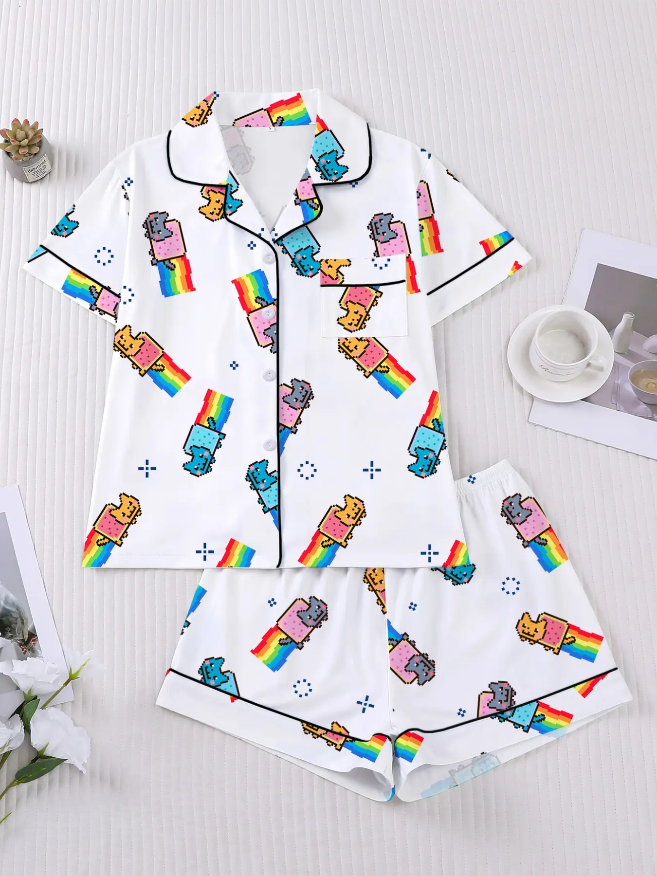 Women's Pajama Set, Cartoon Print, Short Sleeve Button-Down Top, Elastic Shorts, Comfortable Home Wear, Elegant Style, All Seasons