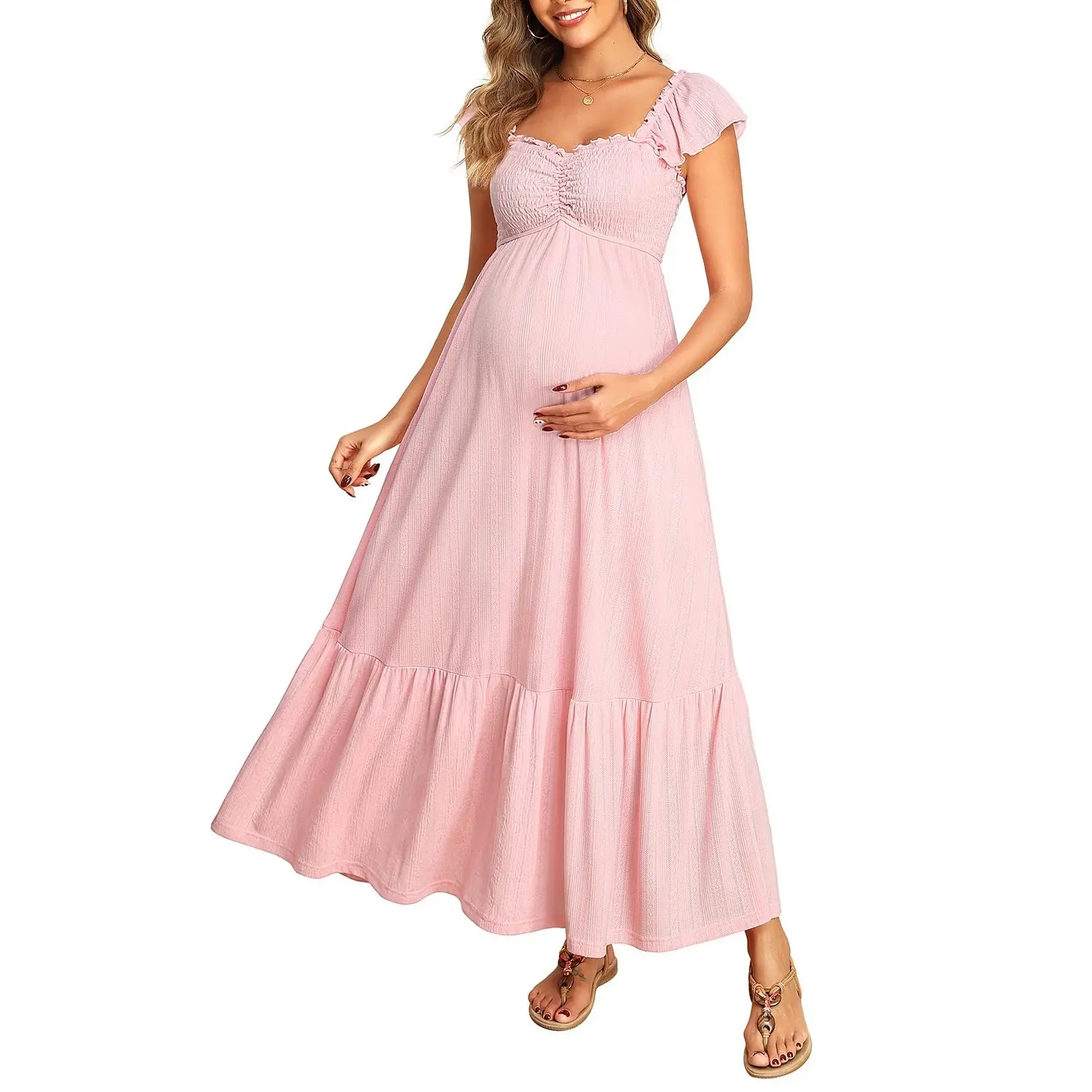 Pinup Fashion Maternity Photoshoot Dress - Pregnancy Summer Casual Textured Smocked Maxi Dresses, Maternityclothes, Prenatal Maternity Clothing