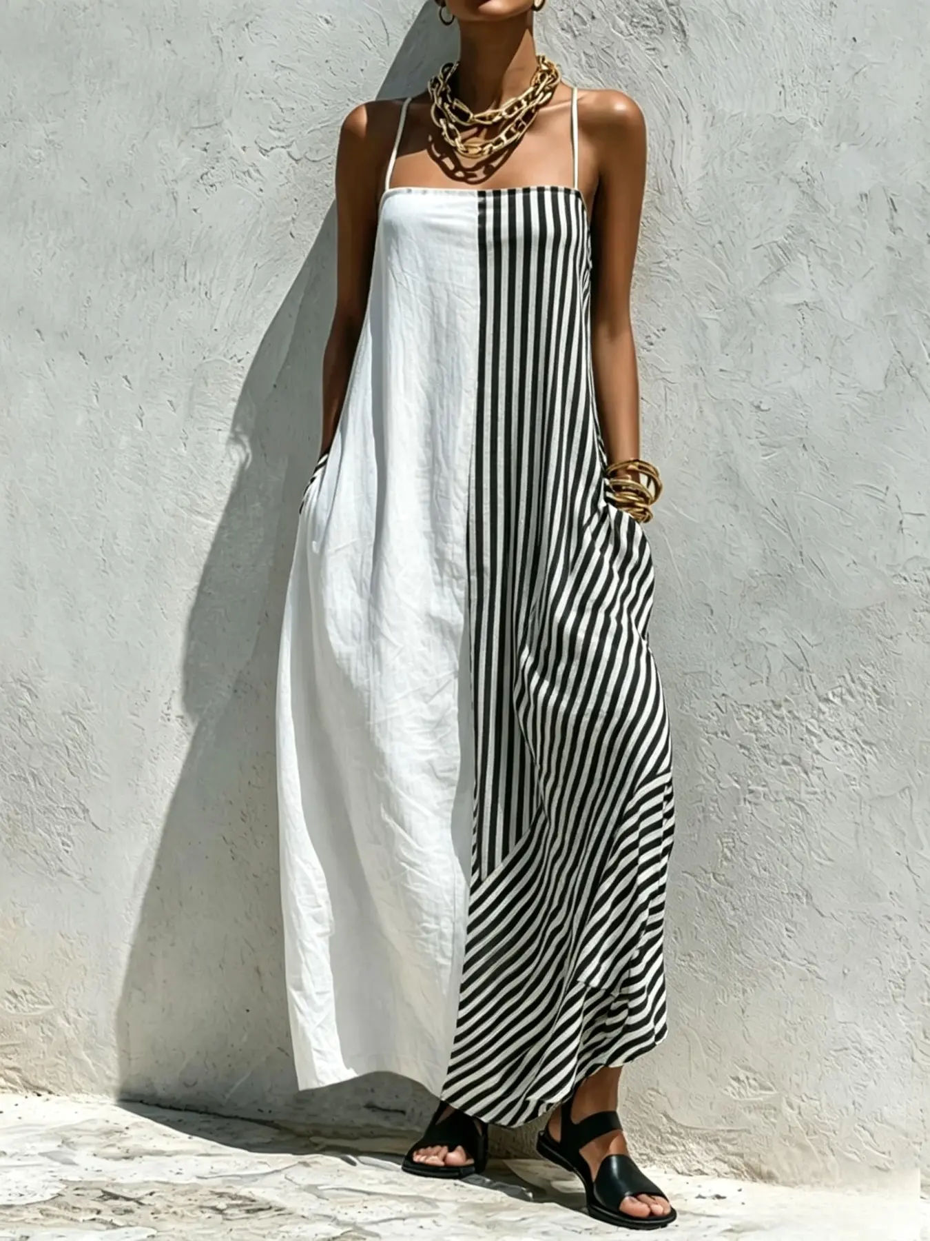 2026 Summer Bohemian Boho Halter Sleeveless Maxi Dress, Striped Patchwork Color Block Print, Elegant High-End Casual Women's Dress