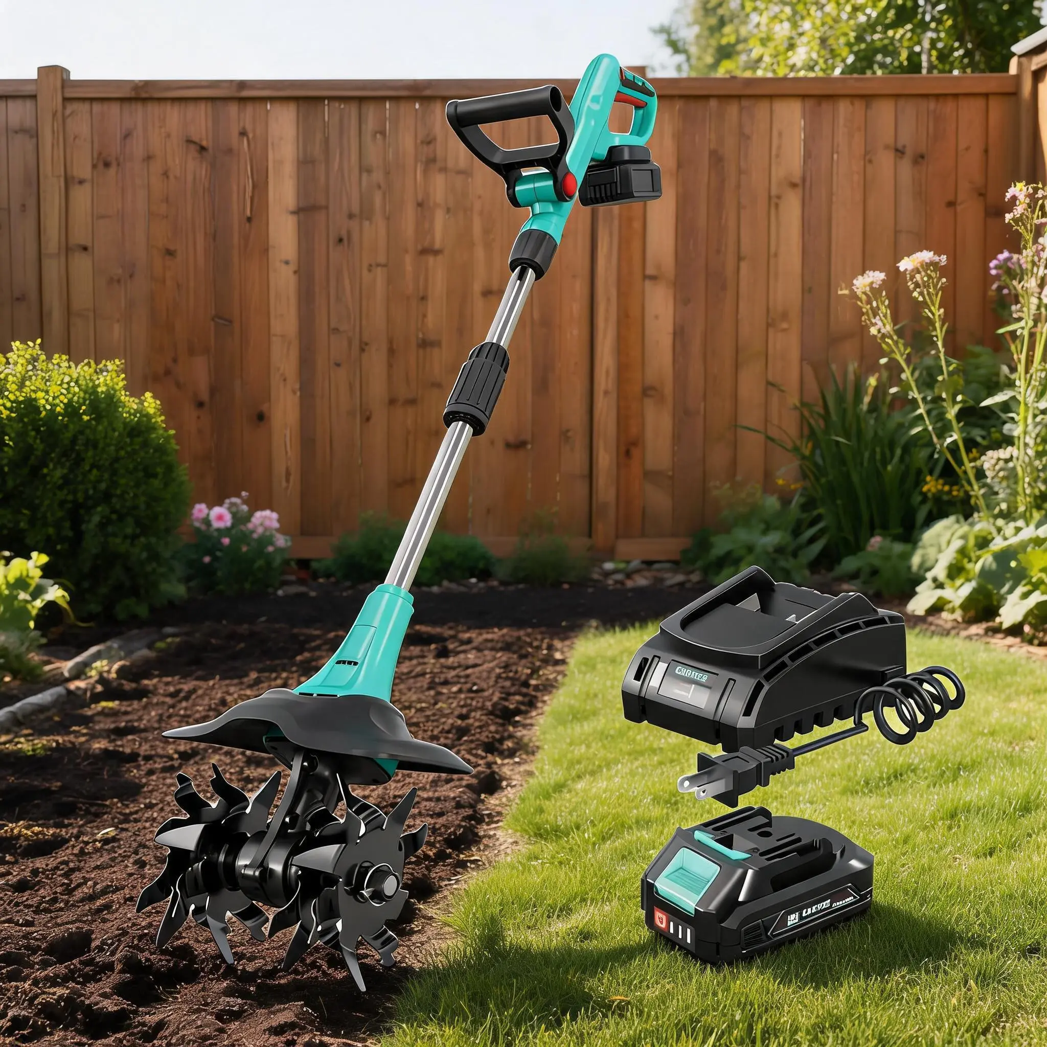 20V Cordless Garden Tiller Cultivator, 2x2.0Ah Batteries, 8" Wide 4 Steel Tines, 330RPM Battery Powered Soil Tiller for Lawn & Garden