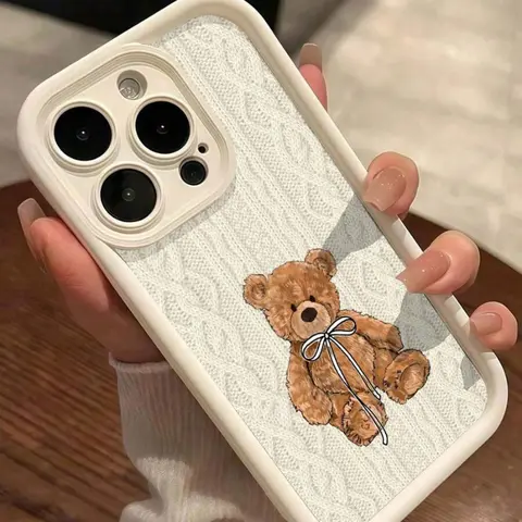 Bow Teddy Bear Print Phone Case Cottagecore Cream Design Soft TPU for iPhone 18 17 16 15 14 13 12 11 Plus Pro Max Bear Lover Birthday Gift