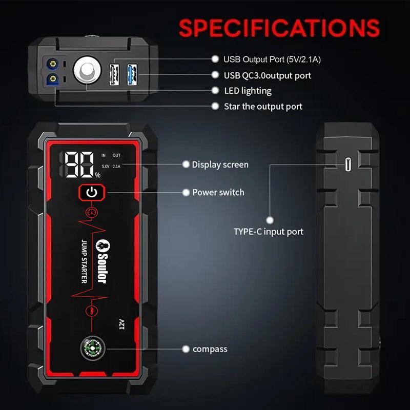 Soulor CY20 Plus-20000mAh Jump Starter & Power Bank 12V Booster with LED Flashlight EVA Bag for Cars SUVs Motorcycles Trucks Boats