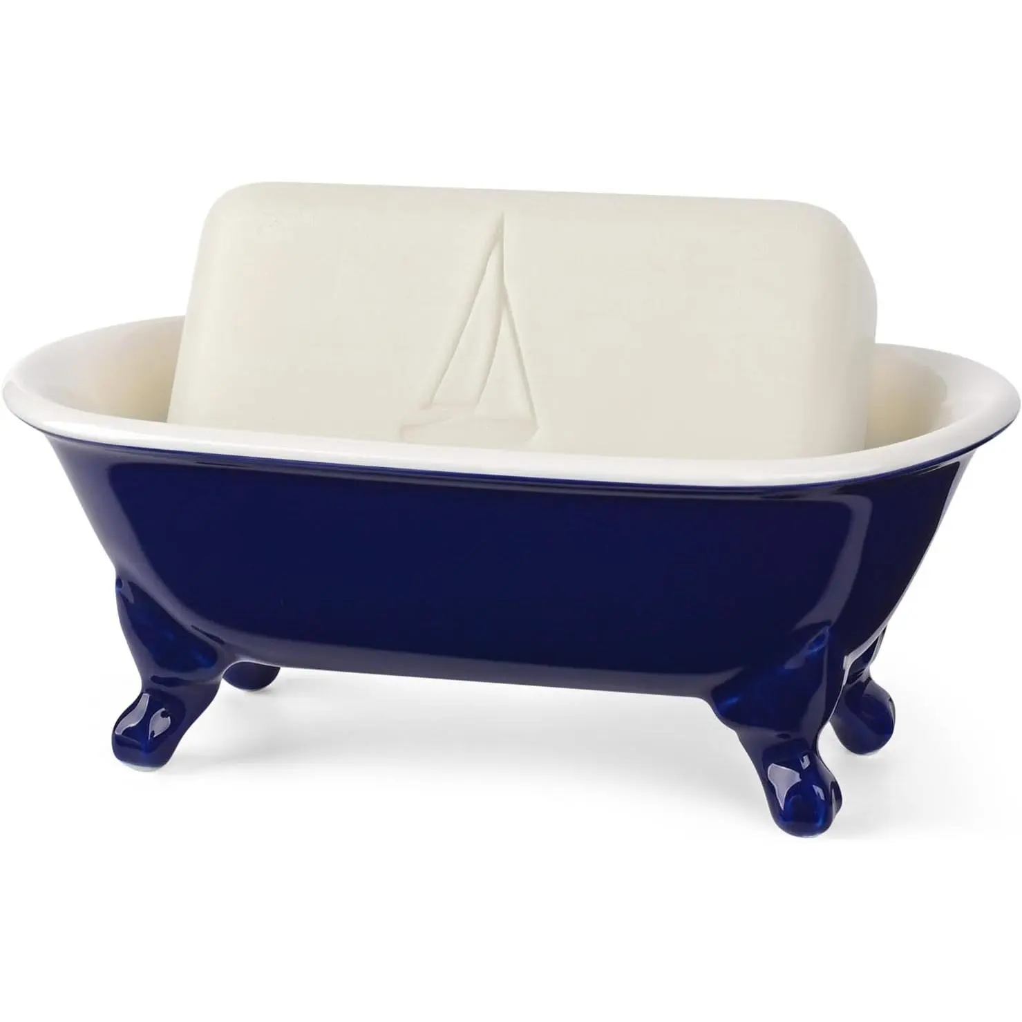6.5 in Ceramic Mini Decorative Clawfoot Bathtub Dish - Multi-Use Soap & Sponge Holder, Shower Tray for Bathroom (1 Pack, Navy Blue)