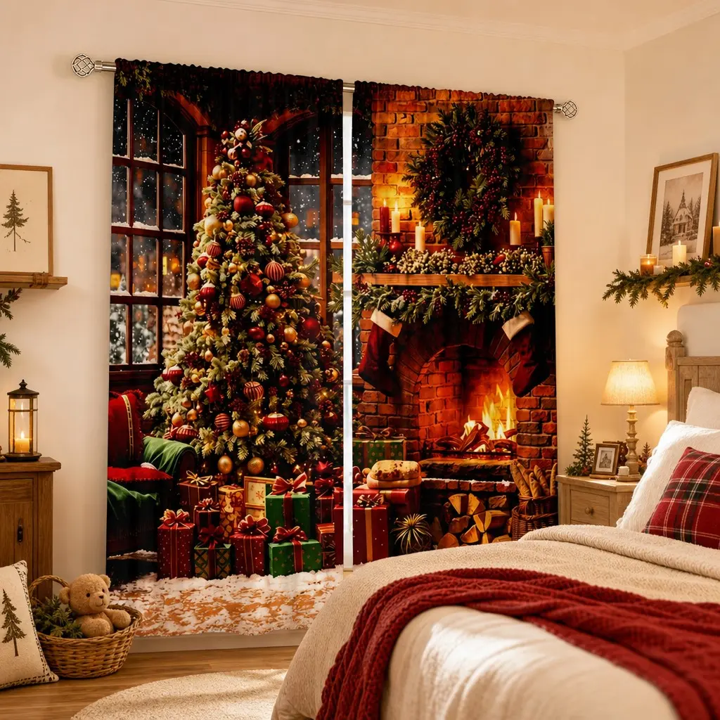 2 Piece Christmas Fireplace Tree Scene Curtains, Cozy Winter Holiday Drapes, Realistic Landscape Print, Perfect for Bedroom Living Room Decor