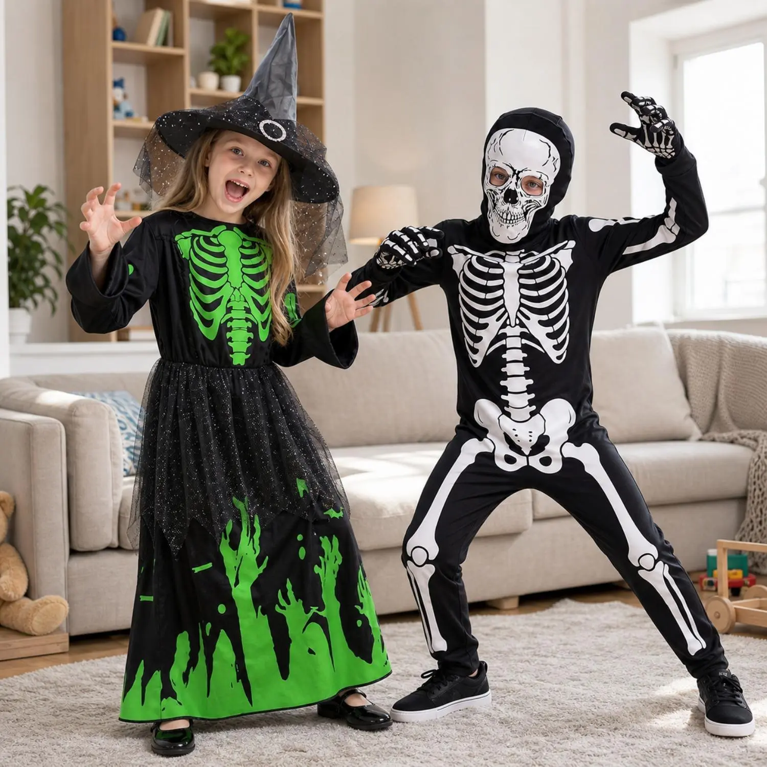 Sibling Matching Halloween Costumes, Girls Glow Skeleton Witch Dress + Boys Full Skeleton Jumpsuit Set, Brother Sister Scary Cosplay Outfit for Halloween Party Family Dress Up, Glowing Accents, Jumpsuits/Dresses
