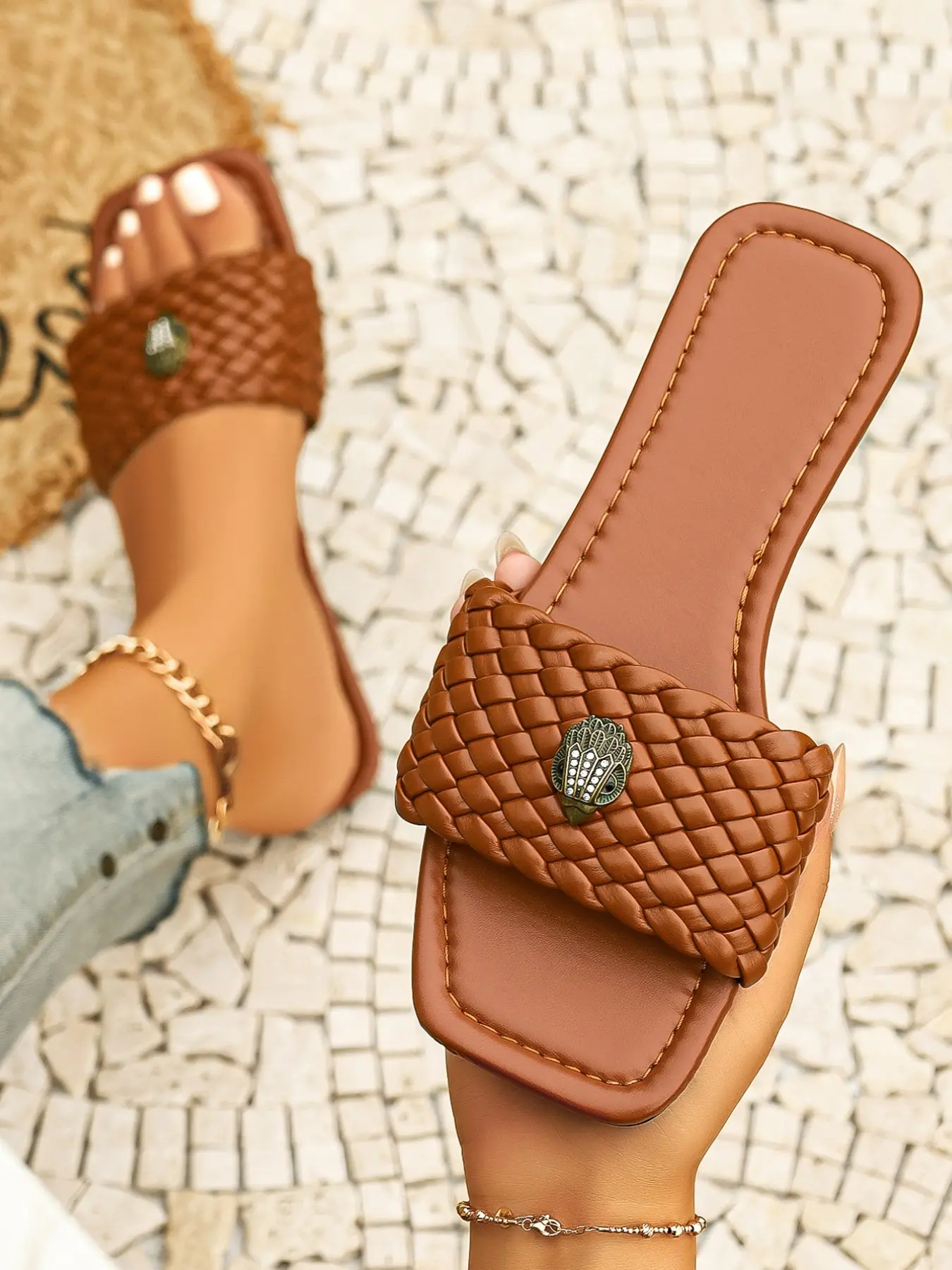 2026 New Braided Square Toe Sandals for Women, Vintage Metal Eagle Decor, Flat Sole, Versatile Soft Bottom Beach Shoes
