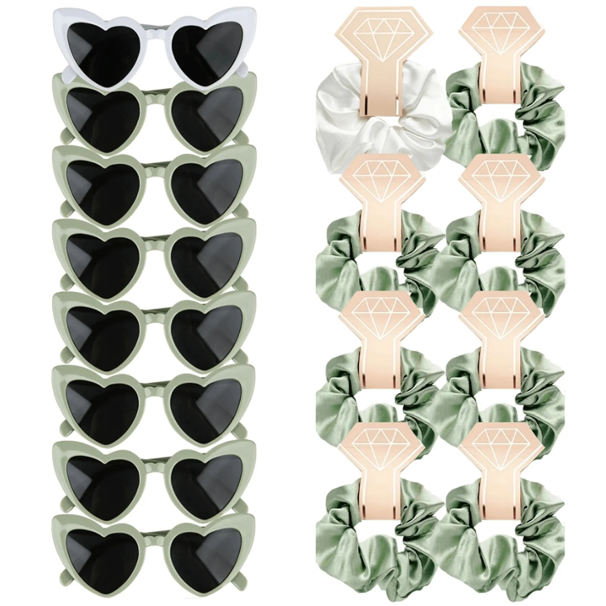 Heart Shaped Glasses and Satin Scrunchies Set, Party Accessory, 8pcs Heart Glasses and 8pcs Satin Hair Scrunchies for Women, Party Glasses and Elastic Satin Hair Ties for Bridal Wedding Party, Birthday Party, Wedding Party Favors, Bridal Party Gifts