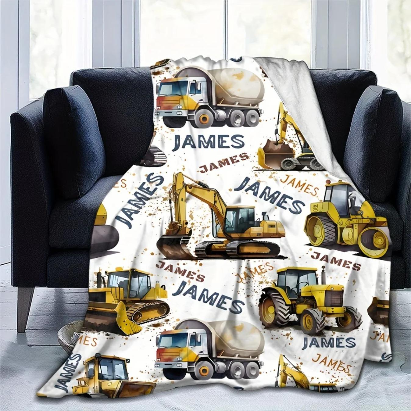 Cute Excavator Construction Truck Blanket Soft Polyester Throw Blanket Skyscraper Pattern Cozy Machine Washable Blanket for Bedroom Living Room Kids Gift
