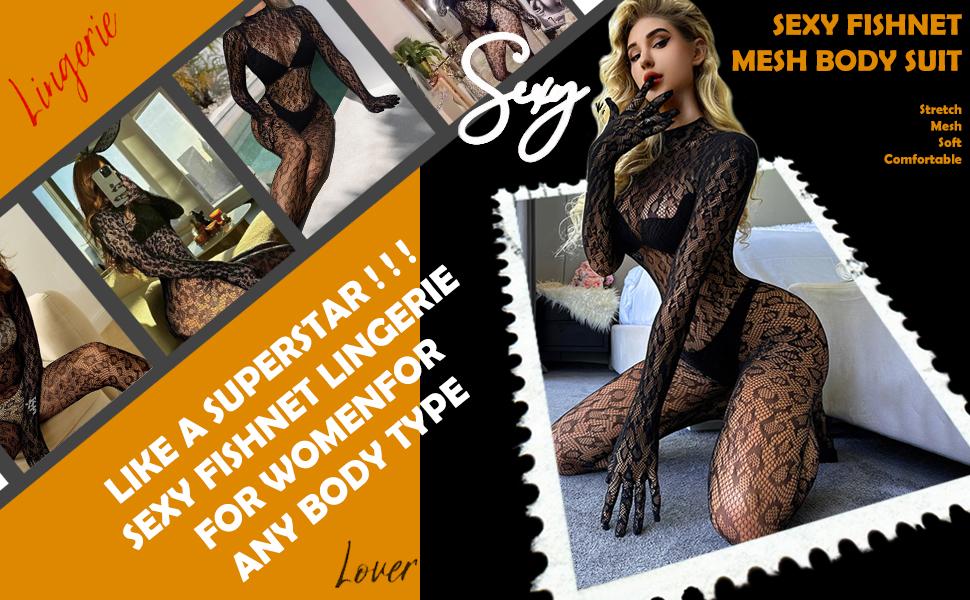 One Piece Black Fishnet Bodysuit Lingerie Bodystocking for Women full Body  See Through Jumpsuit One Size