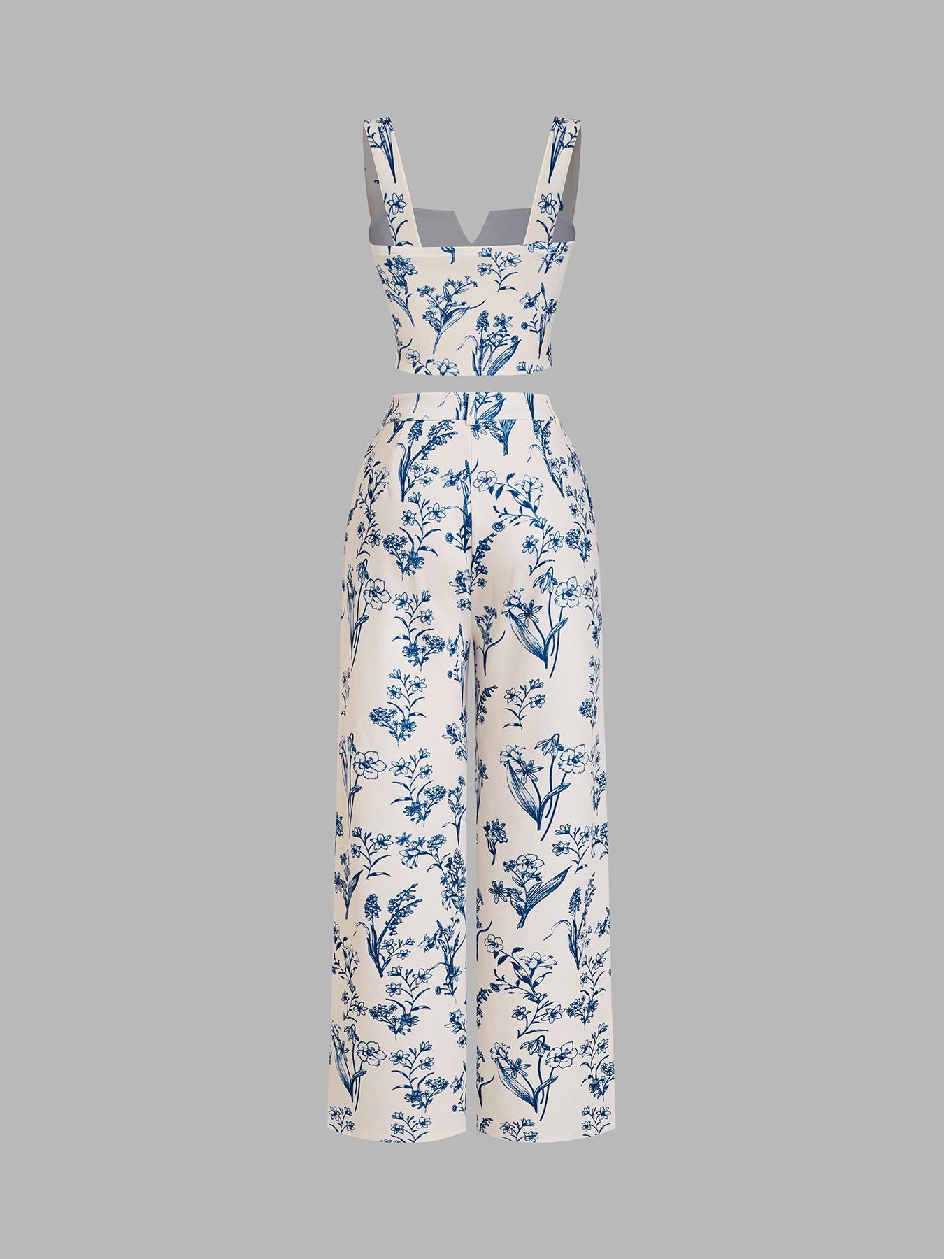 Women's Plants Print Tank Top & Wide Leg Pants Two-piece Set, Casual Sleeveless Top & Pants for Daily Wear, Ladies Summer Clothes