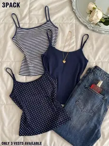 Navy Blue Basic Tank Top 3-Piece Set | Striped / Polka Dot / Solid Slim-Fit Tank, Soft and Stretchy Knit with Thin Shoulder Straps, Sleeveless Vest, Versatile for Everyday Casual Home Wear, A Minimalist Summer Layering Essential for Women, Cute Y2K Comfor
