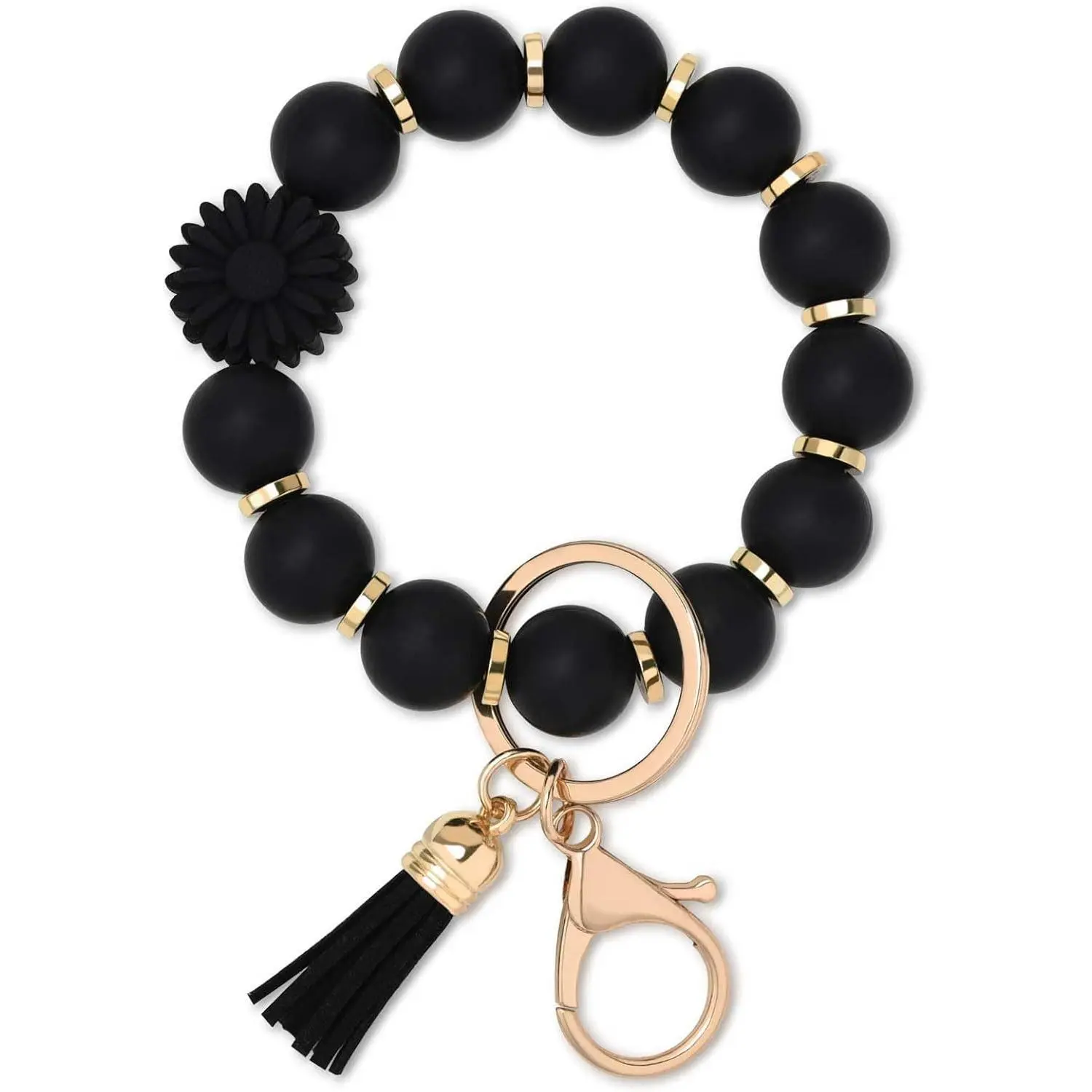 BAOSIWA Silicone Beaded Wristlet Keychain - Split Ring Key Holder with Black Flower, Daisy Black, Blue Designs, Women's Casual Accessory (Home, Festive Supplies), No