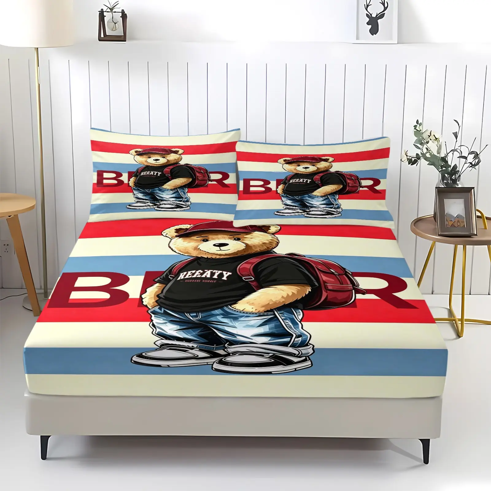 Teddy bear doll pattern printed bed sheet, including 1 bed sheet and 2 pillowcases, anti slip dust cover suitable for bedrooms and guest rooms, suitable for personal use or gift giving