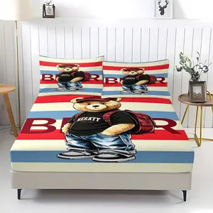 Teddy bear doll pattern printed bed sheet, including 1 bed sheet and 2 pillowcases, anti slip dust cover suitable for bedrooms and guest rooms, suitable for personal use or gift giving