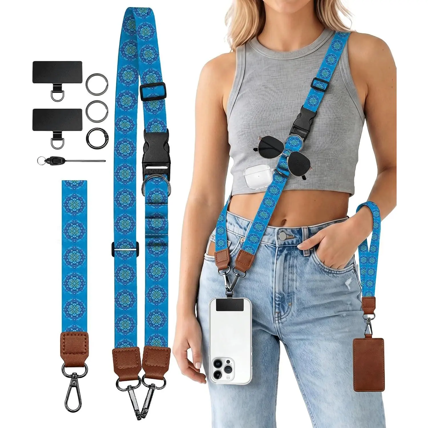 Boho Mandala Phone Lanyard Crossbody Wrist  Strap Women | Adjustable Cell Phone Lanyard for Travel Cruise, Detachable, Cute Wristlet Strap, For Phone Case Key ID Badge, Accessories