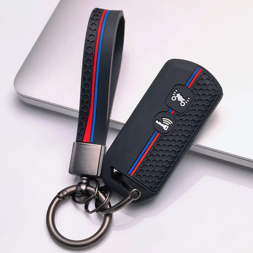 Anti Drop Silicone Key Cover With Keychain For Honda PCX150 160 ADV150 160 Forza Vario SH Scoopy Stylo160 Beat Deluxe NS125LA Anti Scratch Non Slip Racing Tri Color Stripe Honeycomb Soft Scooter Key Shell