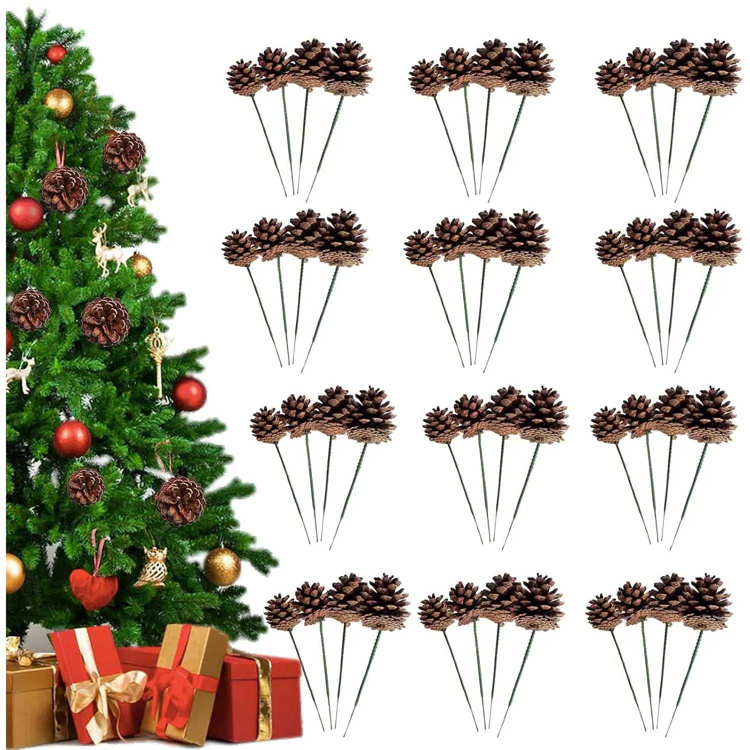 48-Count Multi-Size Synthetic Rustic Christmas Pine Cones Craft Kit with Wired Picks - Decorative Modern Festive Ornaments for Christmas Tree, Room Decor